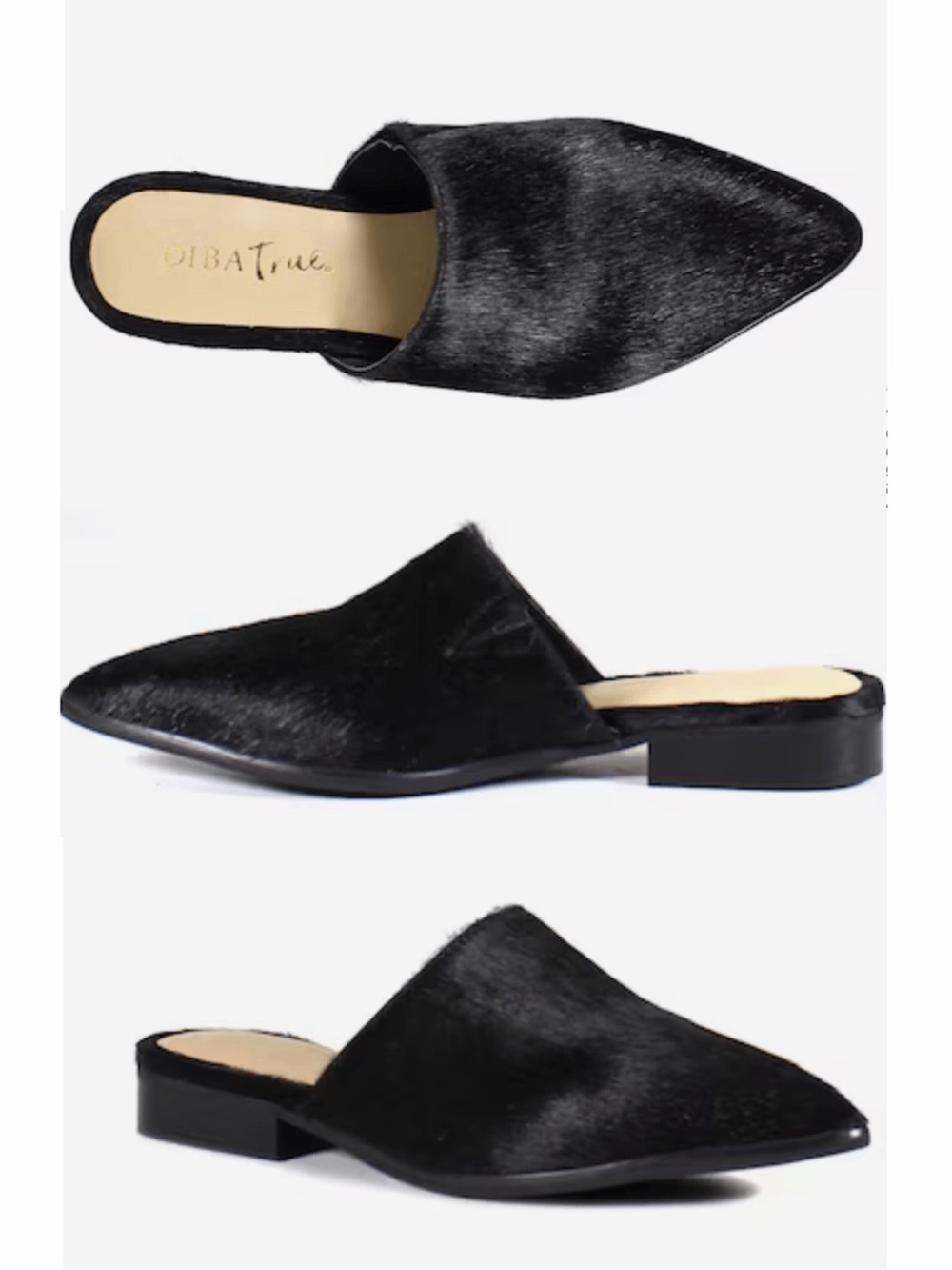 Pointed Black Pony Hair Mule Flats with Textured Upper - Women